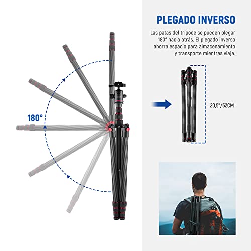 Miniatura 7 de Neewer 205cm Trípode De Viaje Para Cámara De Fibra De Carbono, Trípode De Fotografía Con Monopie Ejes Centrales De 2 Partes, Cabezal De Bola Panorámico De 360 , Carga Máxima 12kg, N55cr