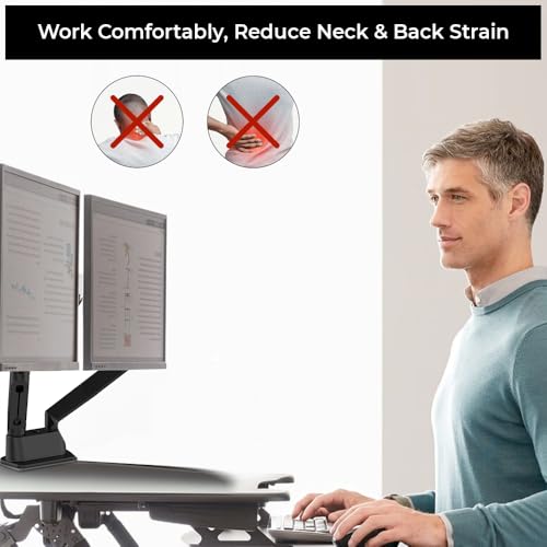 Image of Dual Monitor Arm + Laptop Tray| Gas Spring Mount for 13-32 Inch Screens| Full Motion Adjustable Stand| 1 Year Warranty| VESA 75x75 /100x100 Compatible| Clamp & Grommet Base| Supports Monitor & Laptop