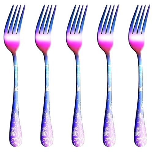 Image of 8.1 inch Rainbow Dinner Forks with Floral Printed Handle | 5-Piece Premium Stainless Steel Flatware Set | Elegant Dishwasher-Safe Cutlery for Home, Restaurants, and Gift Giving