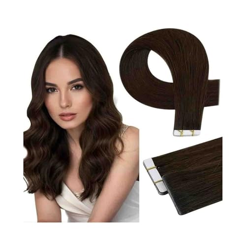 Extensions de cheveux humains à ruban adhésif trame invisible brun foncé