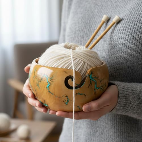 Image of Lichtenberg Figure Yarn Bowl - Handmade Wooden Yarn Bowl for Knitting Yarn Ball Holder - Yarn Bowls with Holes Crochet Bowl Holder - Yarn Storage Bowl 7 inch x 4 inch inches (FRBW)