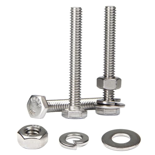 MroMax 20 Sets 1/4-20 x 2 Hex Head Screw Bolt, Nuts, Flat Washer & Spring Lock Washers Kits,Fully Threaded, Stainless Steel 18-8(304), Bright Finish