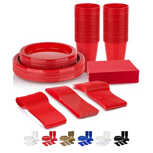 350 Piece RED Disposable Dinnerware Set 50 Guests, Plastic Party Plates And Cups And Napkins Sets - 50 Count 9" Dinner Plates, 7" Dessert Plates, 12oz Cups, Paper Napkins, Forks, Knives & Spoons