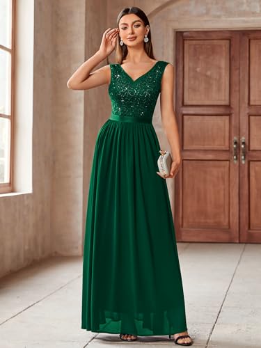 Image of Miusol Women's Sexy Deep V-Neck Sequin Lace Double Sleeveless Evening Party Maxi Dress