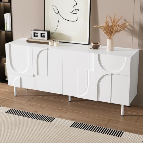 vutizal Kredens biały 160 cm, nowoczesny kredens z geometrycznym frontem i asymetrycznym wzornictwem, duża szafka do przechowywania do salonu
