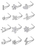 Akeoqi 12Pcs Nose Stud L Shape Nose Rings Cubic Zirconia Butterfly Flower Eye Moon Heart Crown Lightning Shape Nose Studs Piercing Jewelry for Women Men 20G Silver Tone