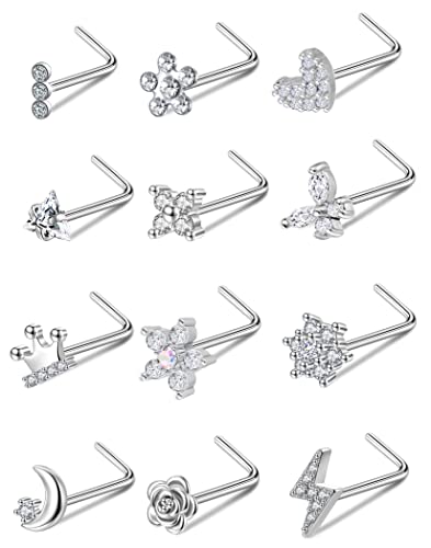 Akeoqi 12Pcs Nose Rings Stud L Shape Nose Rings Cubic Zirconia Butterfly Flower Eye Moon Crown Heart Lightning Shape Nose Studs Piercing Jewelry for Women Men 20G Silver Gold Tone