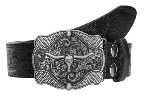 Image of UTOWO Western PU-Leather Cowboy Buckle Belt for Men and Women Jeans Engraved Floral Longhorn Bull Buckle Belt (25-38 inch waist)