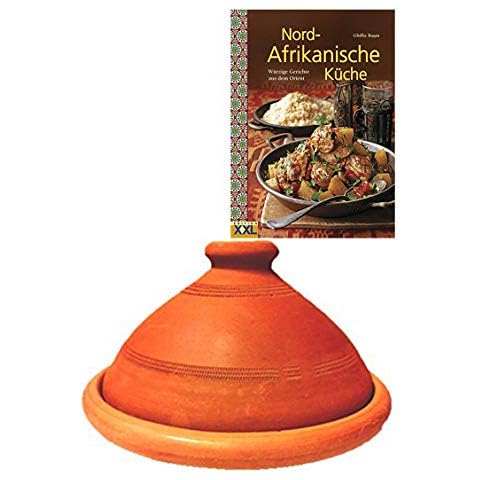 Tajine, original aus Marokko, inklusive Kochbuch Nord Afrikanische Küche, Tontopf zum Kochen, Tuareg Ø 30cm, für 4-5 Personen, handgetöpfert aus Marrakesch, frei von Schadstoffe Cover
