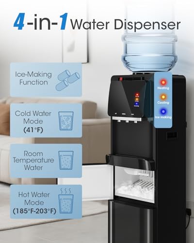 Image of Manastin 4-in-1 Water Dispenser with Ice Maker, Hot & Cold & Room Temperature Top Loading Water Cooler with Fast Ice Making, Compatible with 3-5 Gallon Bottles, for Home and Office, Space Black