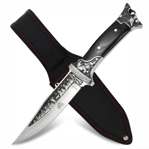 GER-SABER Outdoormesser 23cm – Clip-Point Klinge mit Tier-Gravur und verziertem Design, Klassischer Handschutz aus Edelstahl, Ergonomischer Holzgriff Varianten, Robuster Outdoor Begleiter (Schwarz)