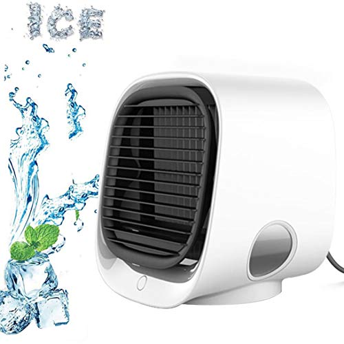 Mini Enfriador de Aire, Aire Acondicionado Portátil, 3 en 1 Mini Ventilador Humidificador, USB Air Cooler con 7 Colores Luces Tanque de agua de 300ml, 3 Velocidades, para Hogar Oficina Acampada,Blanco