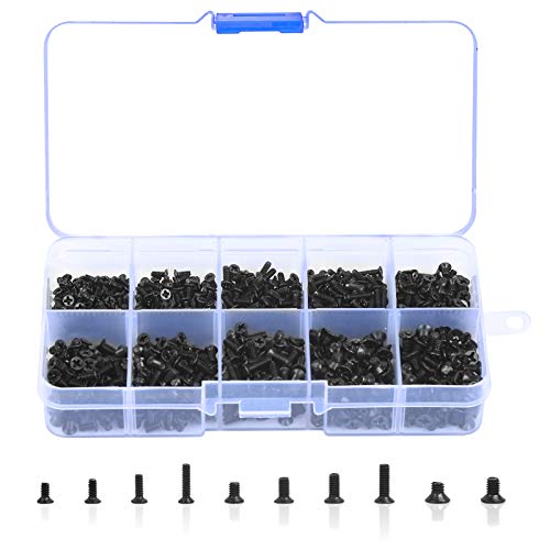 BELIOF 1000pcs Laptop Schrauben PC Schrauben Set M2 M2.5 M3 Notebook Schrauben Flachkopf Computerschrauben Universal Senkkopfschraube Ersatzschrauben mit Aufbewahrungsbox (in Schwarz) Cover