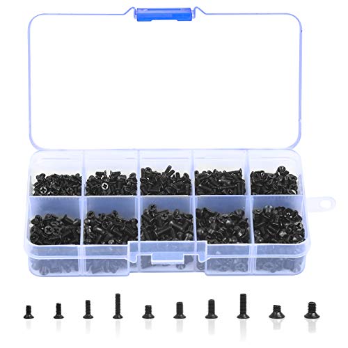 BELIOF 1000 Pcs Viti Testa Piatta Vite Autofilettante Viti in Acciaio Carbonio Vite Standard Set Vite M2 M2,5 M3 Testa Tonda Viti per Riparazione Computer Portatile Laptop SSD (Nero)