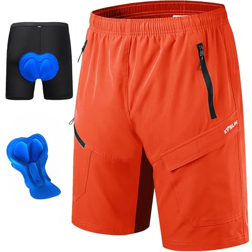 Mens Mountain Bike Shorts 3D Padded Baggy Bicycle Riding Cycling Shorts Quick Dry Lightweight Biking Shorts(Orange 2XL)