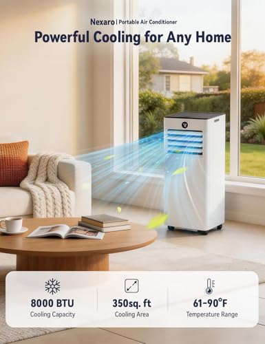 Image of 8000BTU Portable AC, 4-in-1 350 Sq. Ft, Quiet for rooms | Quiet 8000BTU AC cools 350sq.ft, 4-in-1 cool /fan /dry /sleep, remote, timer, LED, window kit, for bedroom /office /dorm.