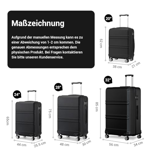 KONO Trolley Koffer Mittelgroß 4 Rollen Leicht Hartschalenkoffer Reisekoffer mit TSA Schloss, 65x44x25.5cm, 61Liter, Zwillingsrollen Rollkoffer, ABS Hartschale (Schwarz, L)