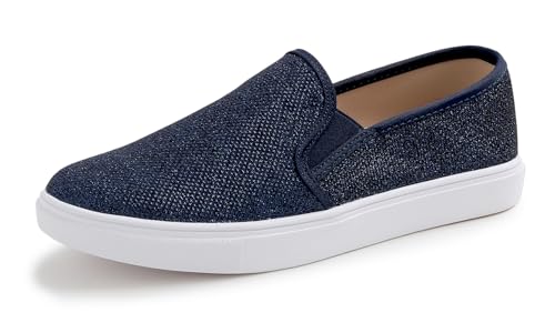 FEVERSOLE Women's Fashion Shiny Soft Slip On Sneaker Sparkle Casual Comfort Loafers Navy Blue Lurex Size 9 M US