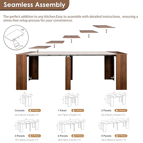 Image of Extendable Dining Table, Transformer Console to Dining Table for 12 People, Folding Space Saving Dining Room Table for Small Spaces, Walnut