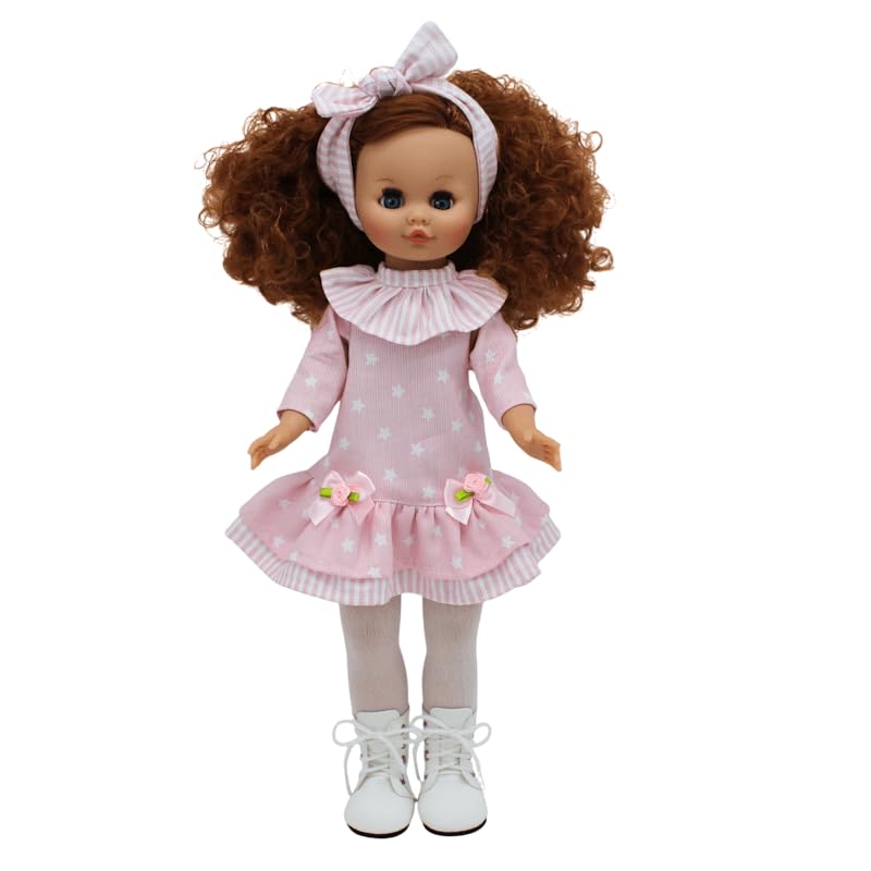 FOLK Muñeca Sintra Original Artesanía colección 40 cm. Vestido Rosa Estrellas y Botas Piel.