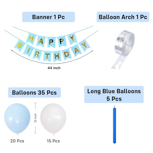Image of Party Propz Blue & White Birthday Decoration Kit For Kids- 42 Pcs, Happy Birthday Banner, Latex Balloons, Long Blue Balloons & Balloon Arch Roll, Balloon Decoration Kit for Boys & Girls(Cardstock)