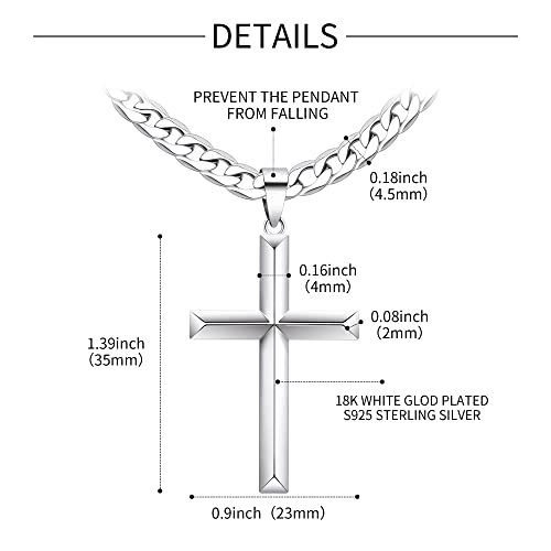 925 Sterling Silver Cross Necklace for Men Women with Stainless Steel Durable Cuban Link Chain Polished Beveled Edge Cross Chain Pendant Necklace Jewelry 16-28 Inches3