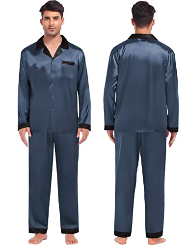 SWOMOG Couples Pajama Sets Women & Men Silky Satin Long Sleeve Sleepwear Classic Button Down Soft Loungewear Pjs Set Men Deep Grey Medium3