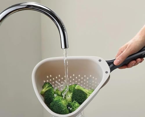 Image of Beige Colander - Folding Handle for Space Saving, Perfect for Rinsing Vegetables, Pasta, Berries, Grains - Compact Kitchen Strainer (1 Pcs) (Small)