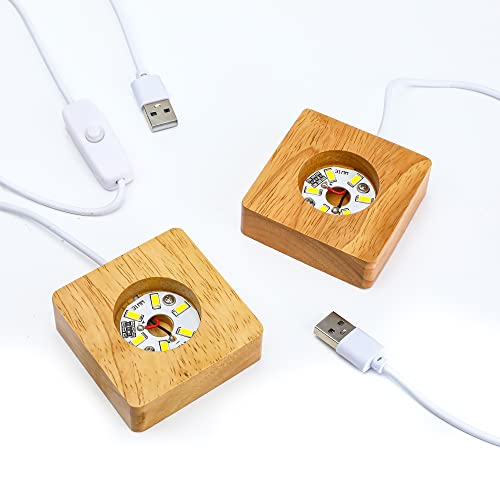 Image of ZEERSHEE Pack 2 Wooden LED Light Display Base 2.3in Crystal Glass Light Base Stand Wood LED Display Stand for 3D Crystal Laser Glass Resin Art Warm Light Square USB Only