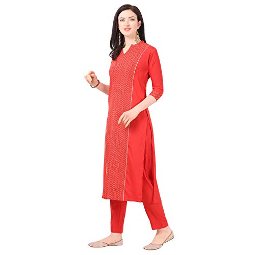 Image of NAINVISH Women Red Crepe Straight Kurti with Pant Set (SD032)