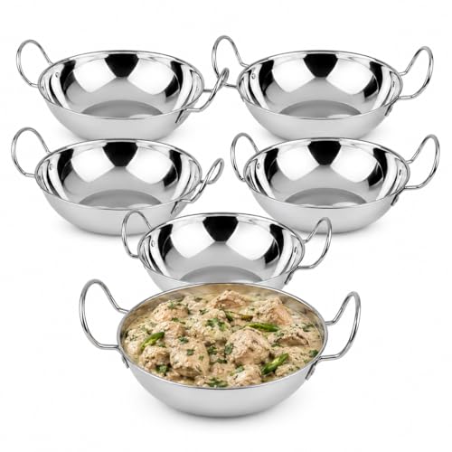 15cm Set Of 6 Stainless Steel Balti Dishes  Curry Karahi Serving Bowls with Handles Deep Round Indian Curry Serving Dishes Balti Bowls for Home Kitchen Restaurant Catering & Table Serving (6)