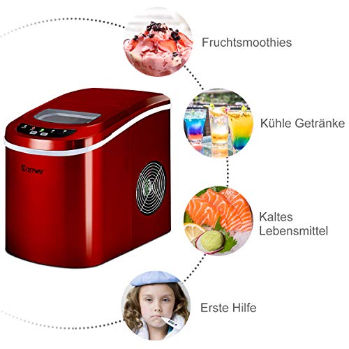 COSTWAY Eiswürfelmaschine 12KG/24H, Ice Maker 9 Eiswürfel in 6-13min, Eismaschine 2,2L Wassertank, Eiswürfelbereiter 2 Eiswürfelgrößen inkl. Schaufel, 25x36x33cm (Rot) – Bild 7