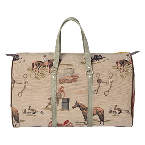 Huntley Equestrian 02135 Western Tapestry English Design Duffle Bag Lightweight Patterned Cotton Heavy Duty Handles Center Zipper Reinforced Bottom Durable & Long Lasting