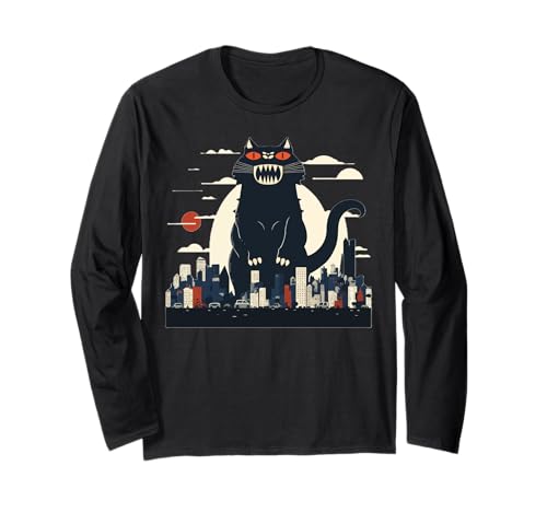 Catzilla Vintage Gato Atacando Ciudad Japonés Puesta Manga Larga