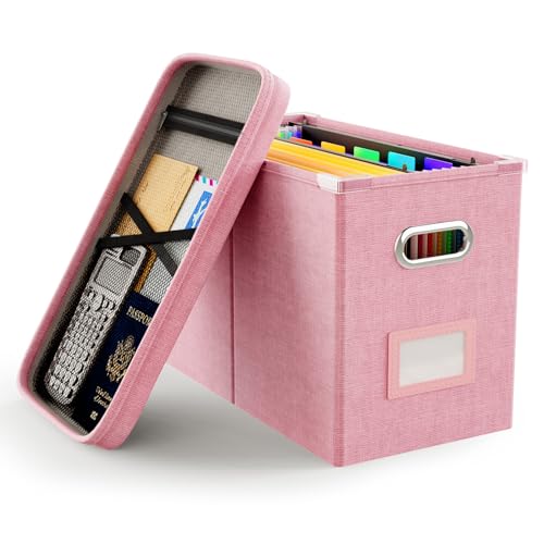 Oterri File Organizer Box with Lid, Hanging Filing File Box with Mesh Pocket, Document Organizer Box...