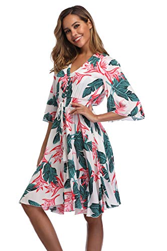 Image of VintageClothing Women's Floral Sundresses Flowy Boho Summer Beach Dress | Lightweight Breathable material,Elegant V Neck and Button Front Design,Flared Bell Sleeve Cut,Mini Casual dress