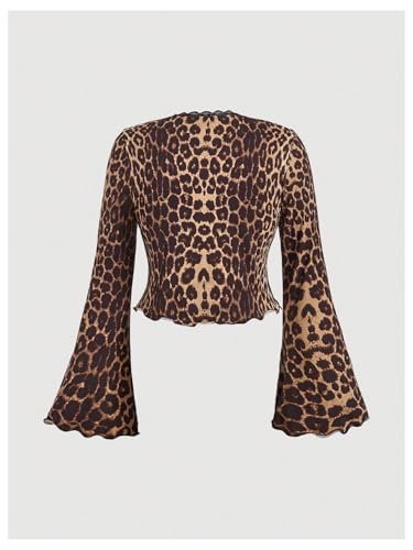 GORGLITTER Women's Plus Size Leopard Tie Front Crop Tops Lace Bell Long Sleeve V Neck Blouse Shirt2