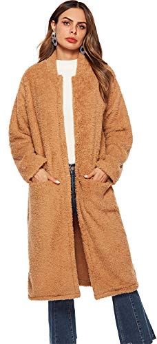 Winter Thick Warm Long Sleeve Buttonless Pocket Midi Plush Duster Coat Trench Coat Jacket Top Brown S