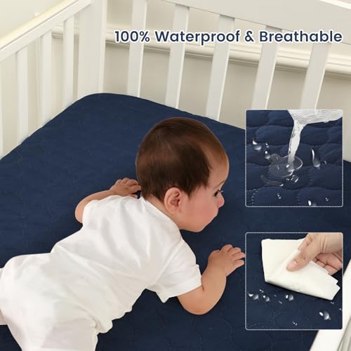 Image of david's kids 2 Pack 38''x25'' Waterproof Mini Crib Mattress Protector, Fitted Pack N Play, Playard and Mini Crib Mattresses, Ultra Soft Breathable Pad Cover for Boys Girls Neutral, Grey & Navy Blue