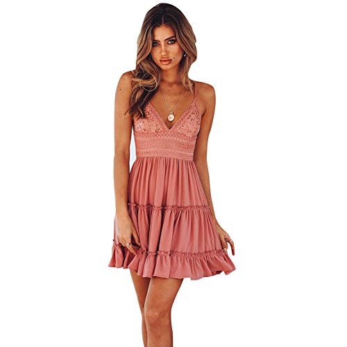 KIDSA Womens Slip Dresses Sexy V Neck Off Shoulder Mini Flared Crochet Backless Summer Sundresses Dress Pink