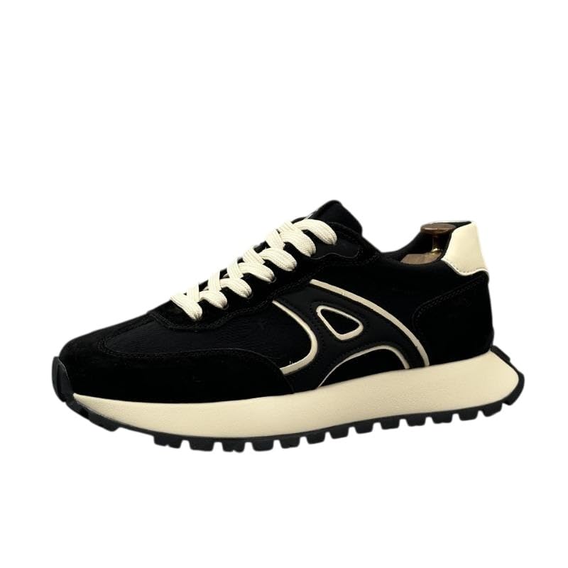 Men's Lace-Up Chunky Sneakers, Black, Leather Upper with Rubber Sole, Round Toe, Casual Streetwear Athletic Shoes-image-36