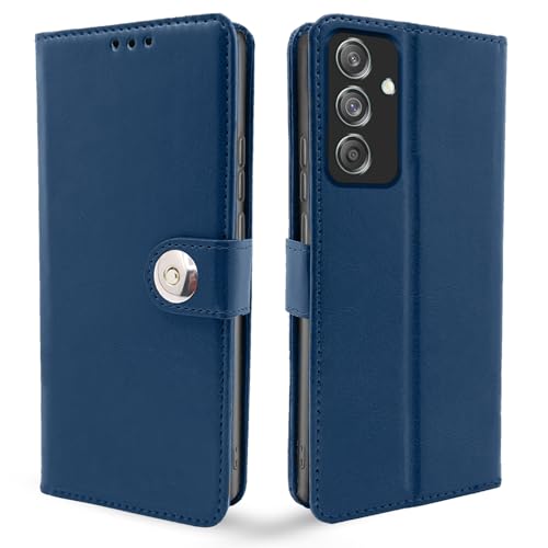 Image of Pikkme Flip Cover Leather Finish | Inside TPU with Card Pockets | Wallet Stand and Shock Proof | Complete Protection Button Flip Case for Samsung Galaxy M55 5G / M55s 5G / F55 5G (Blue)