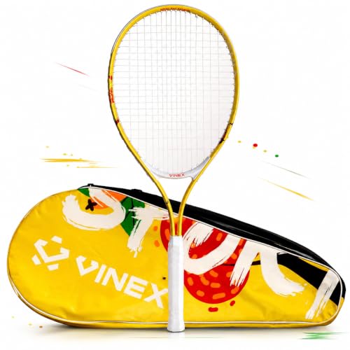 Image of VINEX VTEC T200 Tennis Racquet with Cover (Pack of 1) | 68 cm Aluminium Tennis Racket | Lightweight 260 g | Grip Size 6 | Two-Piece Strung Racquet with Carrying Bag | for Teens & Adults