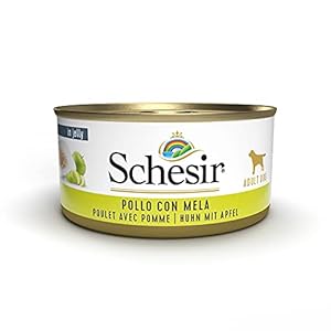 Schesir, Comida húmeda para Perros Adultos, Sabor Pollo con Manzana Preparado con filetes en gelatina con Verdaderos trozos de Fruta – Total 2,7 kg (18 latas x 150 gr)