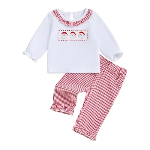 Karuedoo Toddler Baby Girl Christmas Outfit Santa Embroidery Smocked Long Sleeve Ruffle Shirt Top Plaid Pants Set (A-White 3-4T)