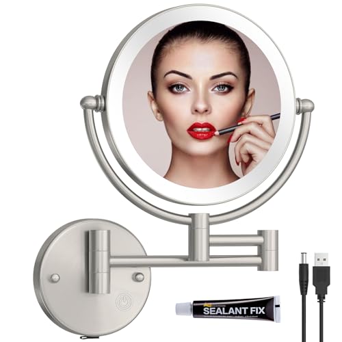 Espejo de maquillaje de pared redondo iluminado recargable 8 pulg