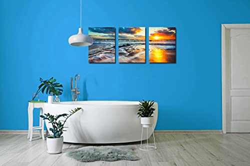 Canvas Wall Art Beach Sunset Ocean Waves Nature Pictures Hd Prints 3 Pieces Stretched Canvas Wooden Framed Artwork For Living Room Bedroom And Office Living Room Wall Decor Size:12"X16"X3 #TOP2