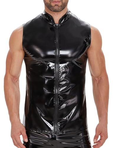 Image of Panegy Men's Liquid Shiny Leather Shirt Jacket Slim Fit Wetlook Party Nightout Club 70s /80s Disco Blouse Tshirt
