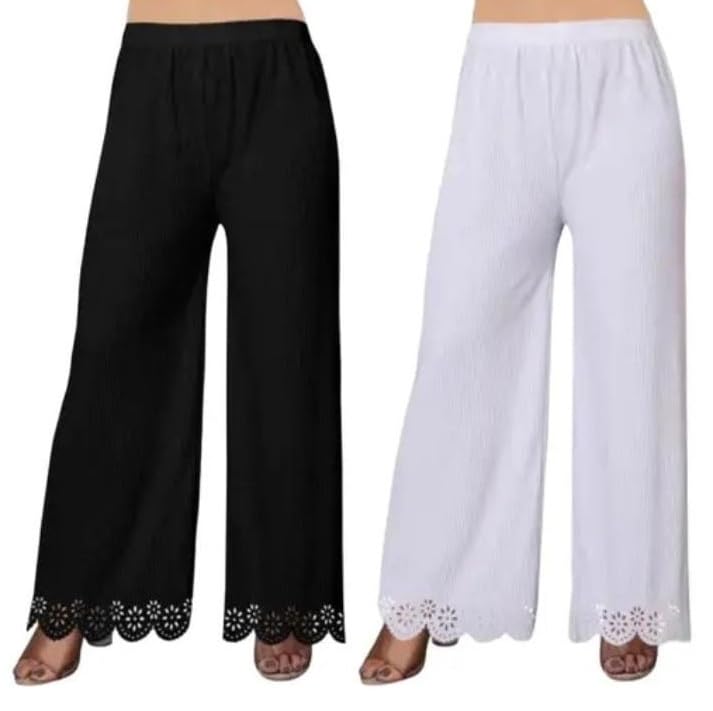 Women’s Stretchable Lycra Palazzo Pants – Comfortable, Stylish Flared Trousers, Lightweight High-Waist Bottoms for Office, Festive & Casual Wear, Pack of 2