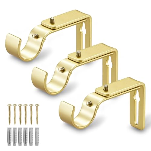 LLPJS Curtain Rod Bracket Adjustable Drapery Rod Holder Hooks Support Hangers for 1 inch Diameter Window Curtain Rods (Warm Gold 3-Pack)